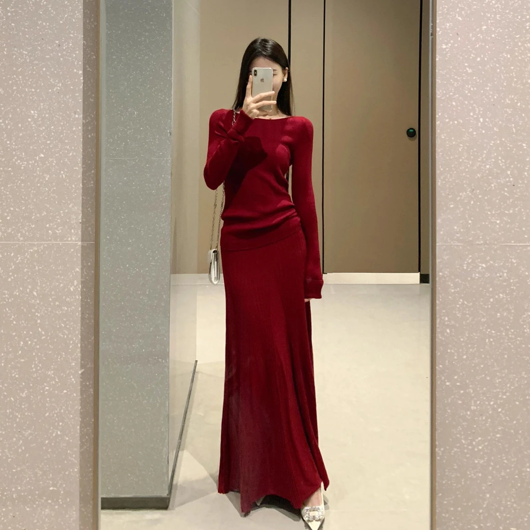 富家千金感穿搭长款打底内搭红色针织连衣裙套装2025新款女装秋冬