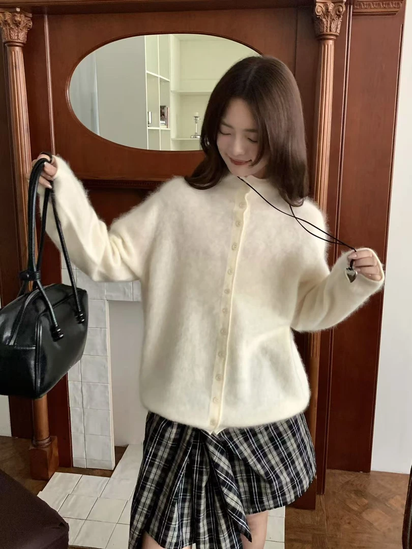 25新款 休闲百搭100%羊绒羊毛拉毛韩系卷边开衫