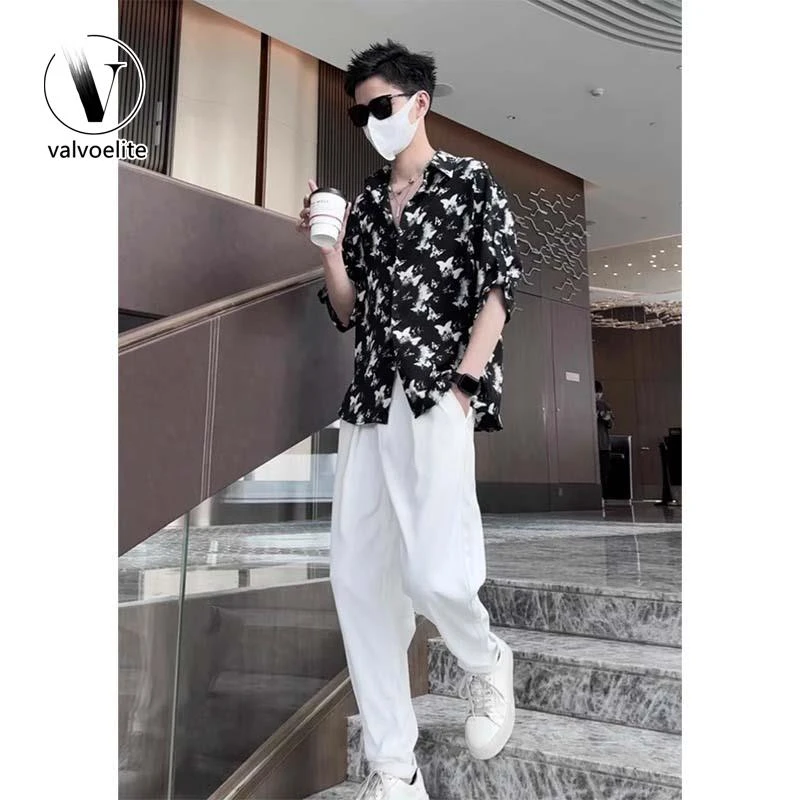 VALVOELITE男装2025夏季时尚爆款蝴蝶印花衬衫高级感穿搭冰丝寸衫