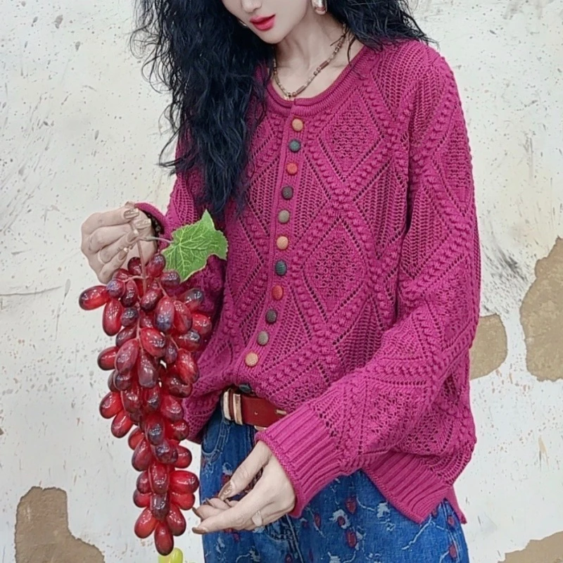 25新款秋季彩扣圆领复古针织时尚休闲开衫百搭宽松外套毛衣-2768