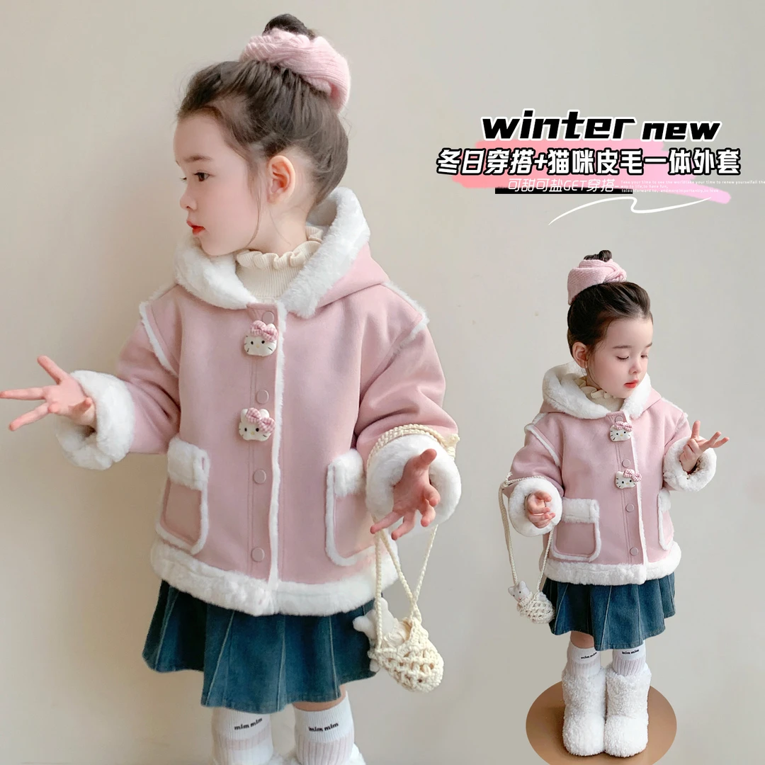 儿童皮毛一体外套秋冬季新款小女孩洋气宝宝加绒加厚保暖连帽上衣