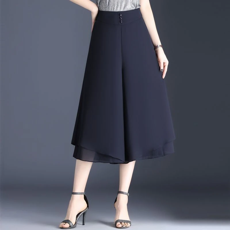 女优雅高腰双层防走光裙夏季雪纺阔腿裤外穿七分裤薄款宽休闲感