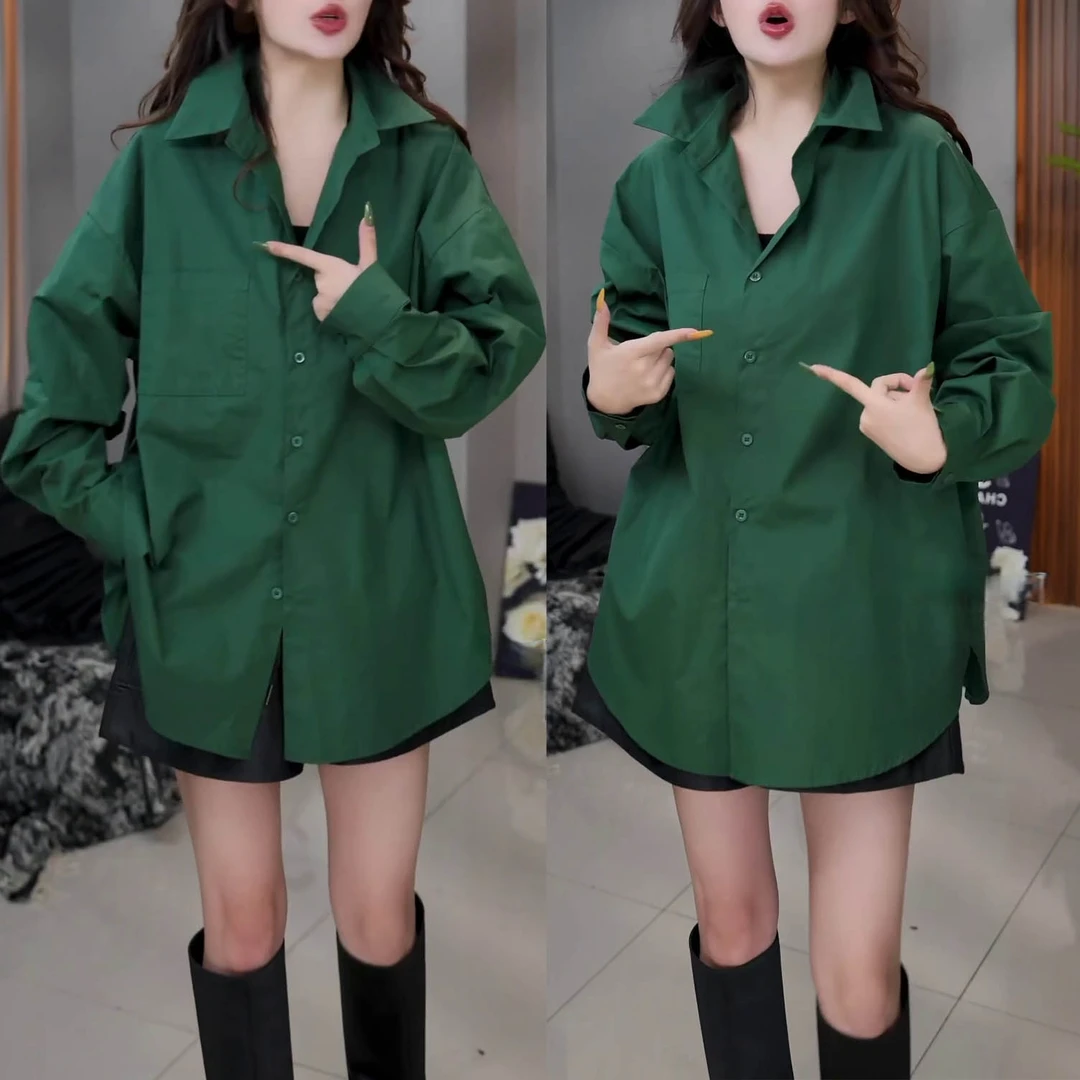 2025秋季新款时尚百搭休闲长袖上衣女气质宽松遮肉显瘦中长款衬衫