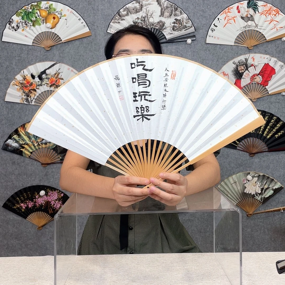 国画95寸水磨玉竹纯手绘-文玩扇骨（默认粘好）