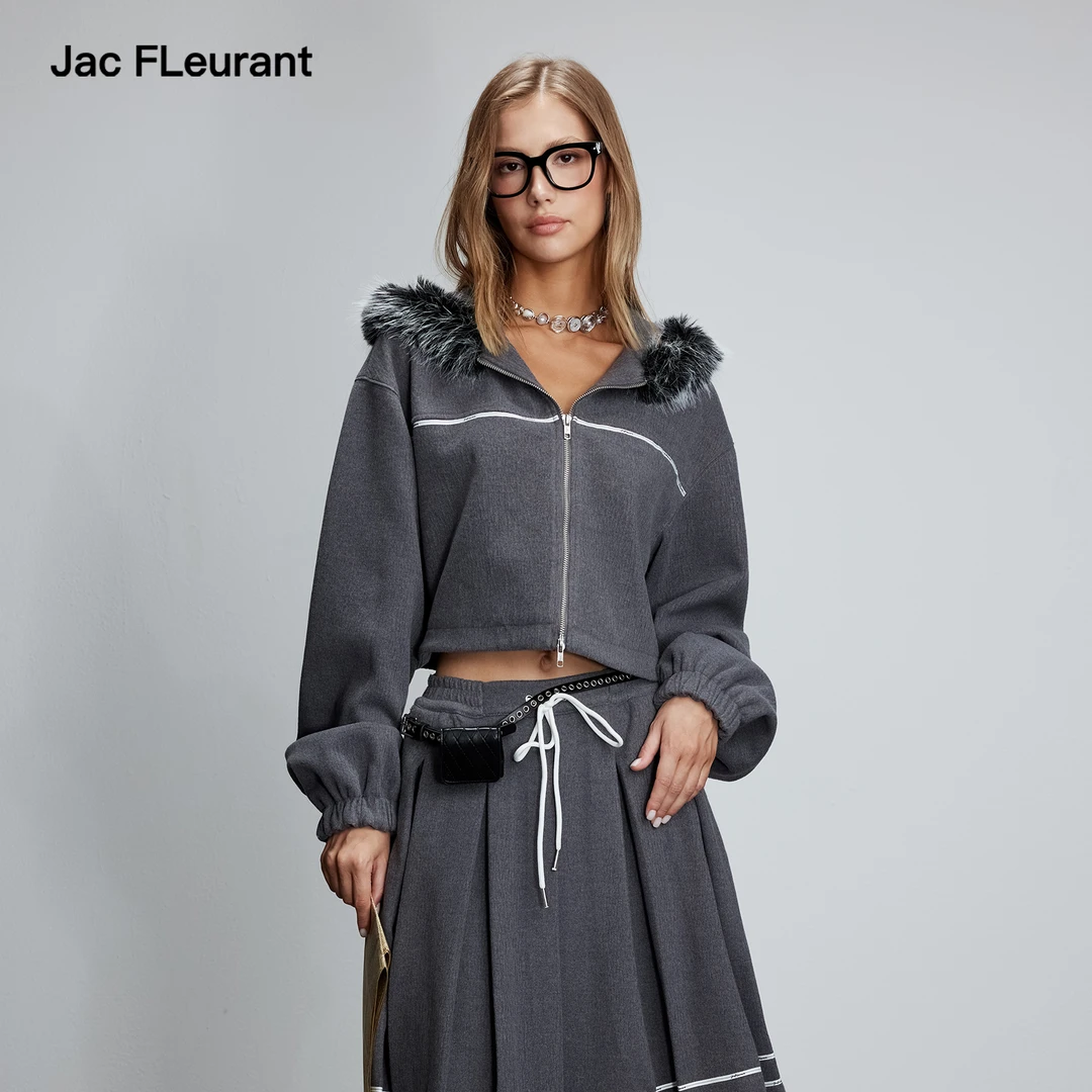 JAC FLEURANT2025秋冬新款时尚套装女灰色连帽设计感毛呢外套短款