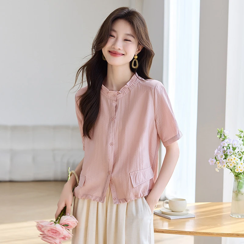 衬衫上衣女2025年新款漂亮小衫法式气质圆领荷叶边风琴褶女质短袖