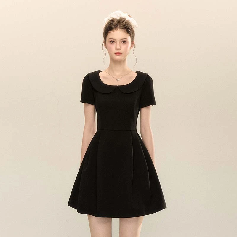 娃娃领连衣裙夏季新款收腰显瘦优雅气质短袖A字蓬蓬裙D2572