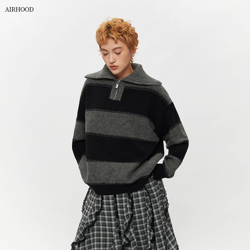 AIRHOOD欧美复古撞色条纹拉链翻领针织衫女宽松休闲百搭毛衣N5452