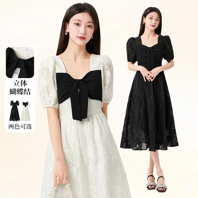 EF法式蝴蝶结泡泡袖连衣裙夏季新款方领茶歇裙中长裙D1130323015