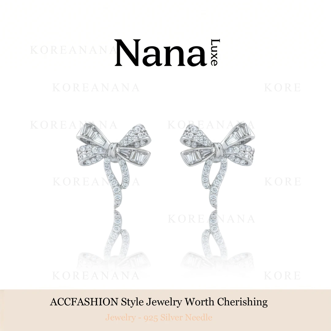 铜合金合成锆石耳饰 镀白金【飘带蝴蝶结】轻奢蝴蝶结耳钉A033