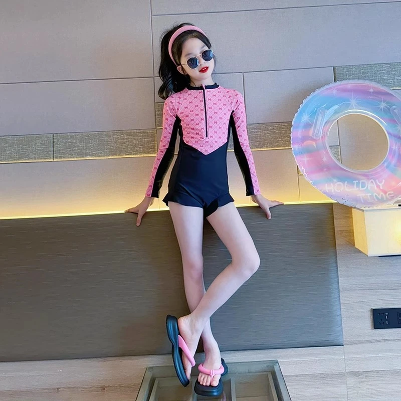 儿童夏季长袖泳衣女款速干女童游泳6-12岁潮款中大童甜美连体泳装