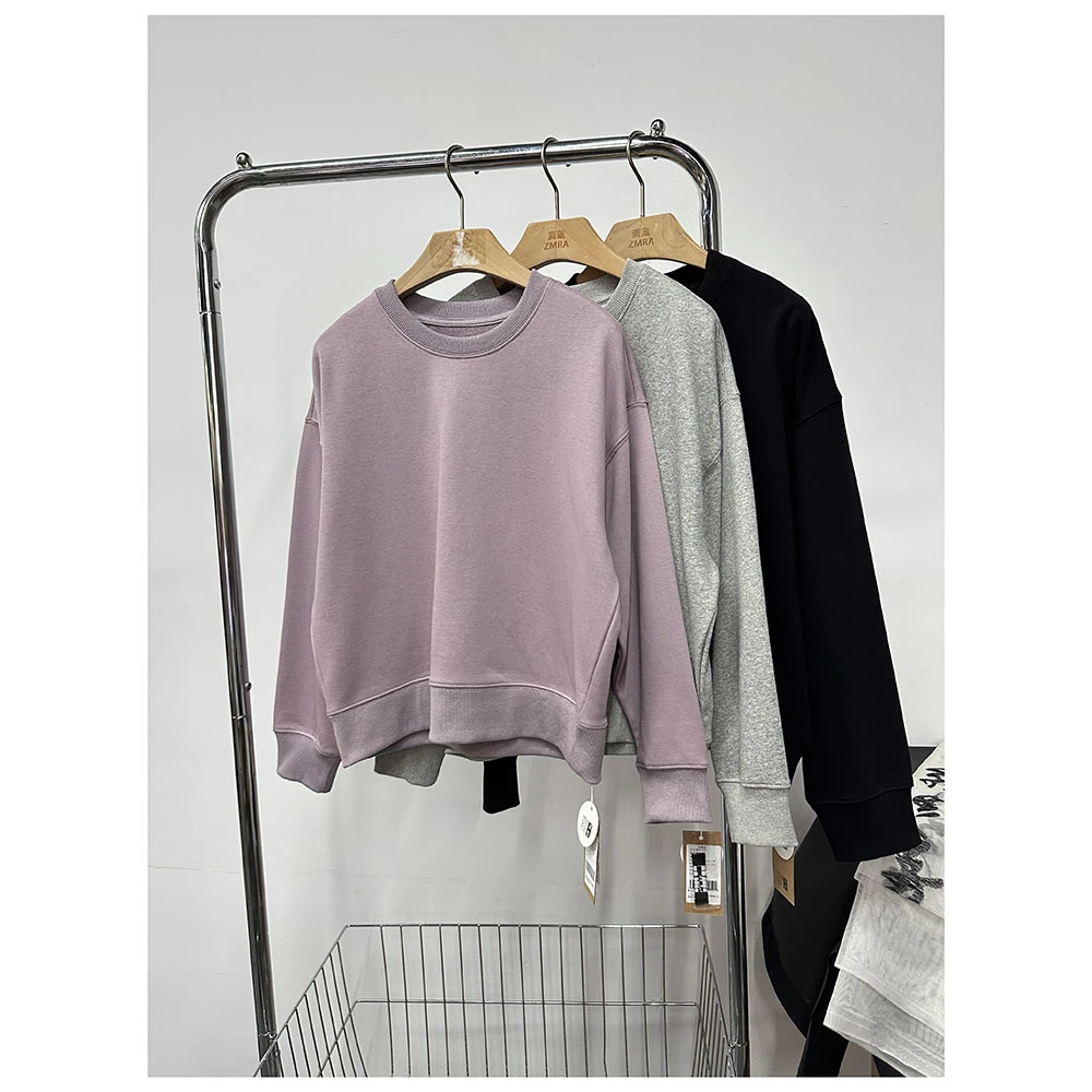 W123  秋季新款女士休闲宽松纯色圆领长袖套头卫衣