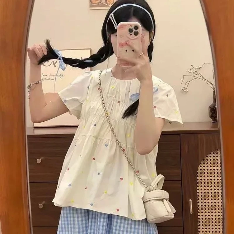 日系甜美彩色爱心印花短袖T恤女夏季休闲宽松慵懒风娃娃衫小上衣