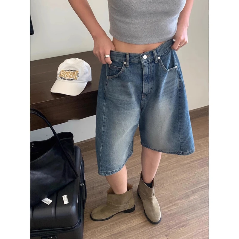 番茄妹妹Tomatosister金靖同款宽松阔腿牛仔美式复古五分裤中裤女