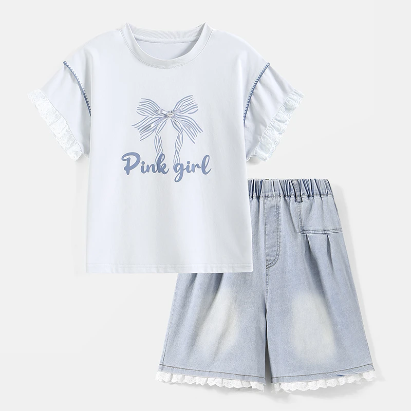 女童套装印花短袖+牛仔短裤25696女童夏装套装