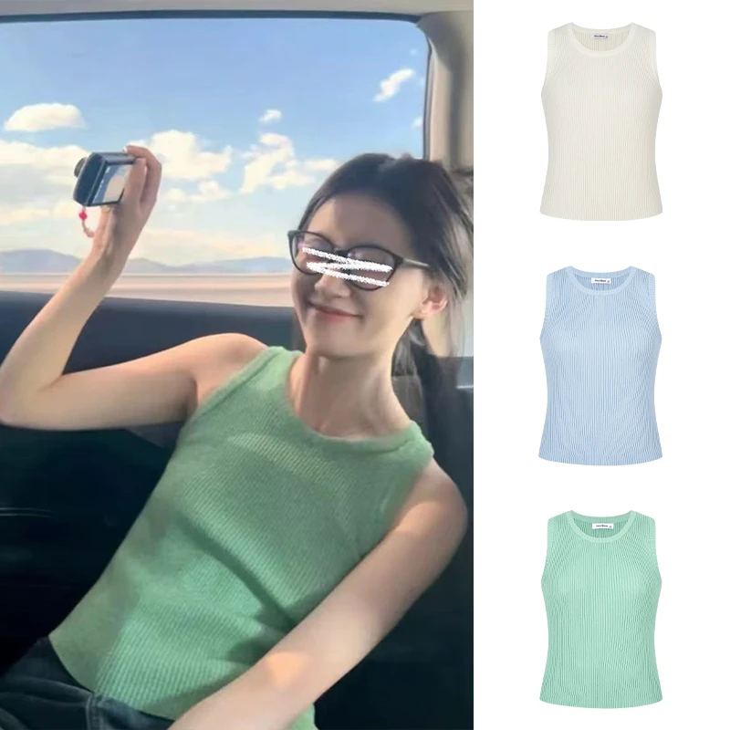 Moses Queen/魔西女王薄荷曼波绿色圆领针织背心外穿打底无袖上衣