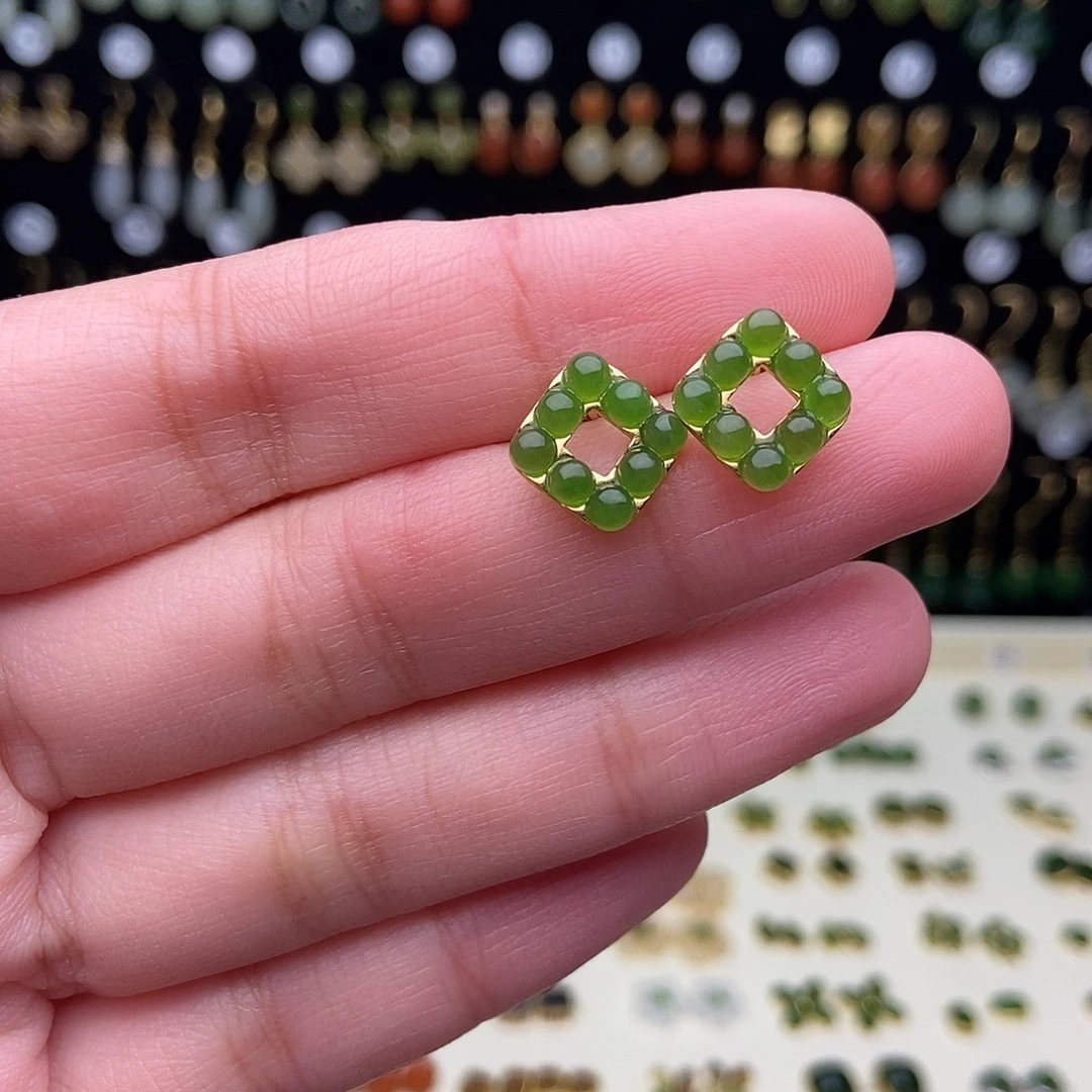 和田玉银S925镀金镶嵌耳饰