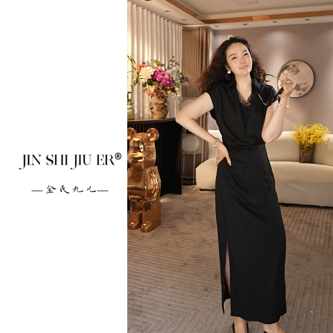JIUER【赫本】V领蕾丝飞袖开叉连衣裙 气质小黑裙显瘦夏季法式89876