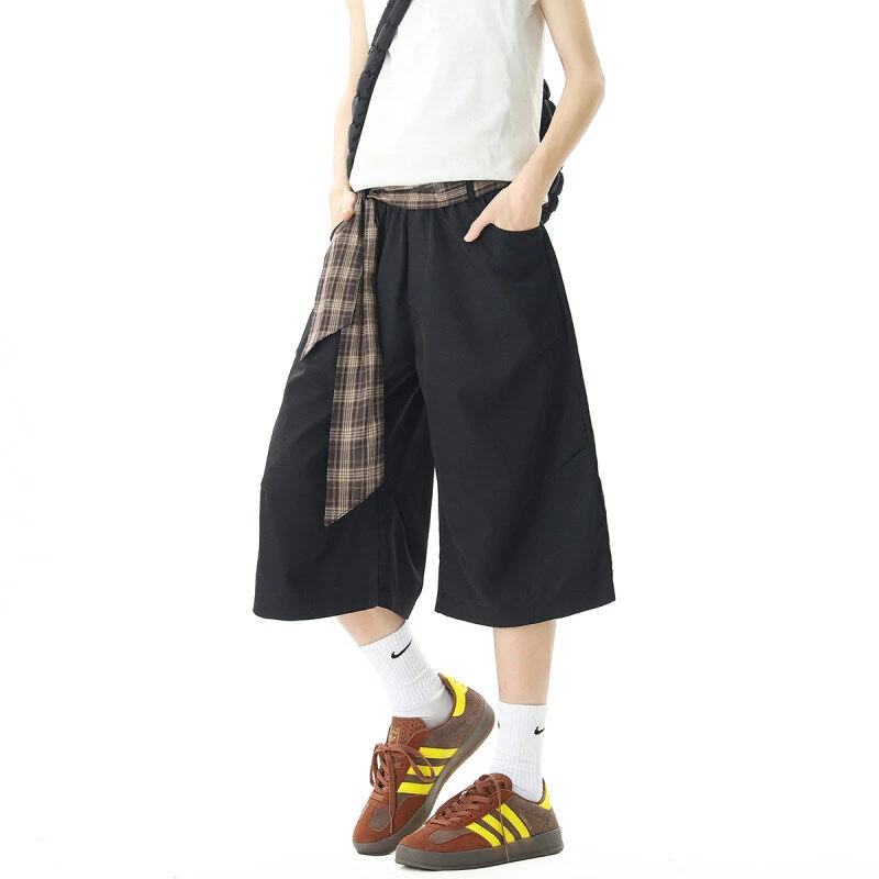 送同款腰带格子拼接七分裤子男女夏季高腰显瘦冰丝过膝工装休闲裤