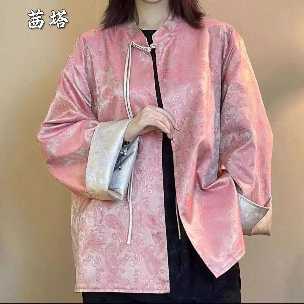 新中式双面穿外套女装百搭显瘦休闲复古国风立领缎面提花盘扣上衣