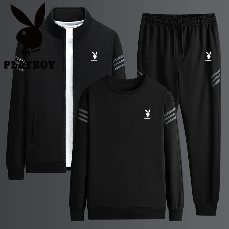 花花公子春季新款休闲运动套装男士潮流百搭开衫卫衣长裤三件套男