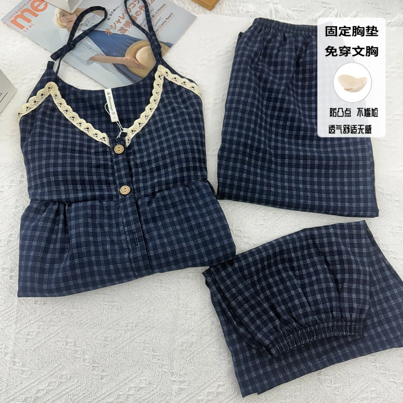 吊带睡衣女款2025夏季甜辣风花边蓝格子带胸垫家居服可外穿三件套