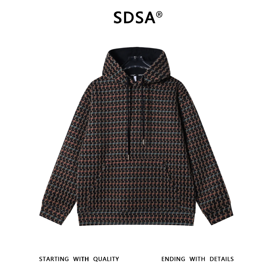 SDSA男士秋冬新款痞帅男装彩色条纹撞色格子抽绳连帽卫衣百搭宽松