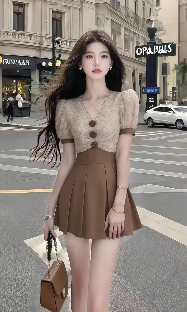 新款时尚休闲气质女装棕色领短袖收腰设计感连衣裙女轻奢高端短裙