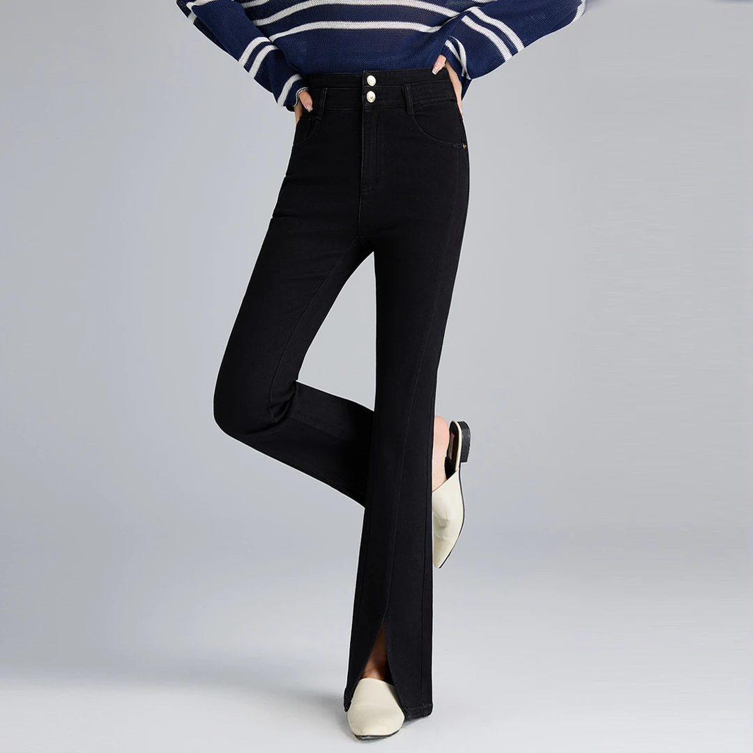 【达人专享】微喇裤春季新款百搭显瘦高腰开叉女式牛仔裤9C110870