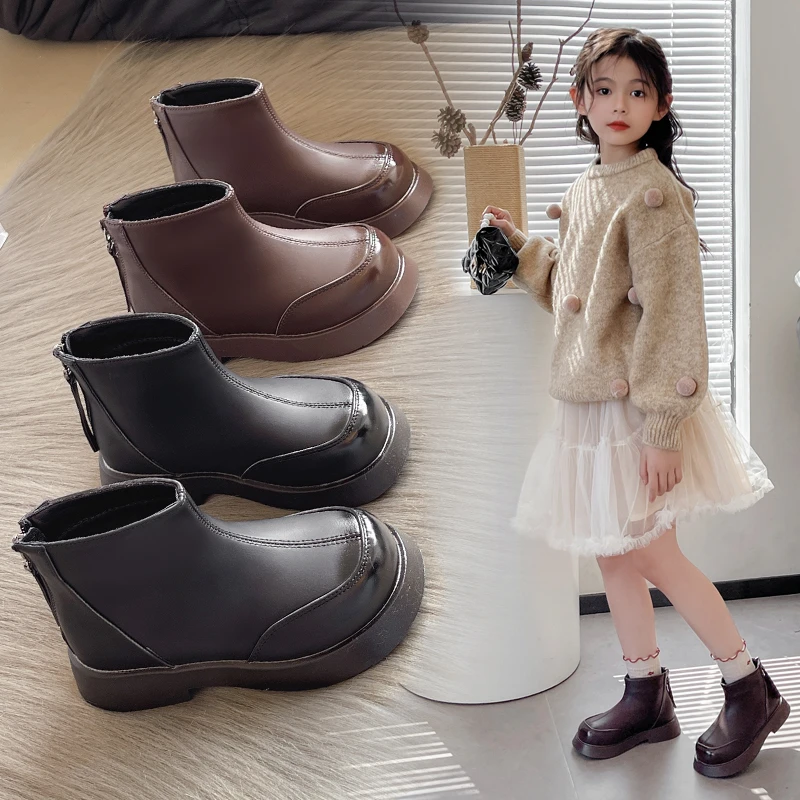 女童靴子儿童洋气小短靴2025秋冬新款女孩加绒皮靴韩系英伦马丁靴