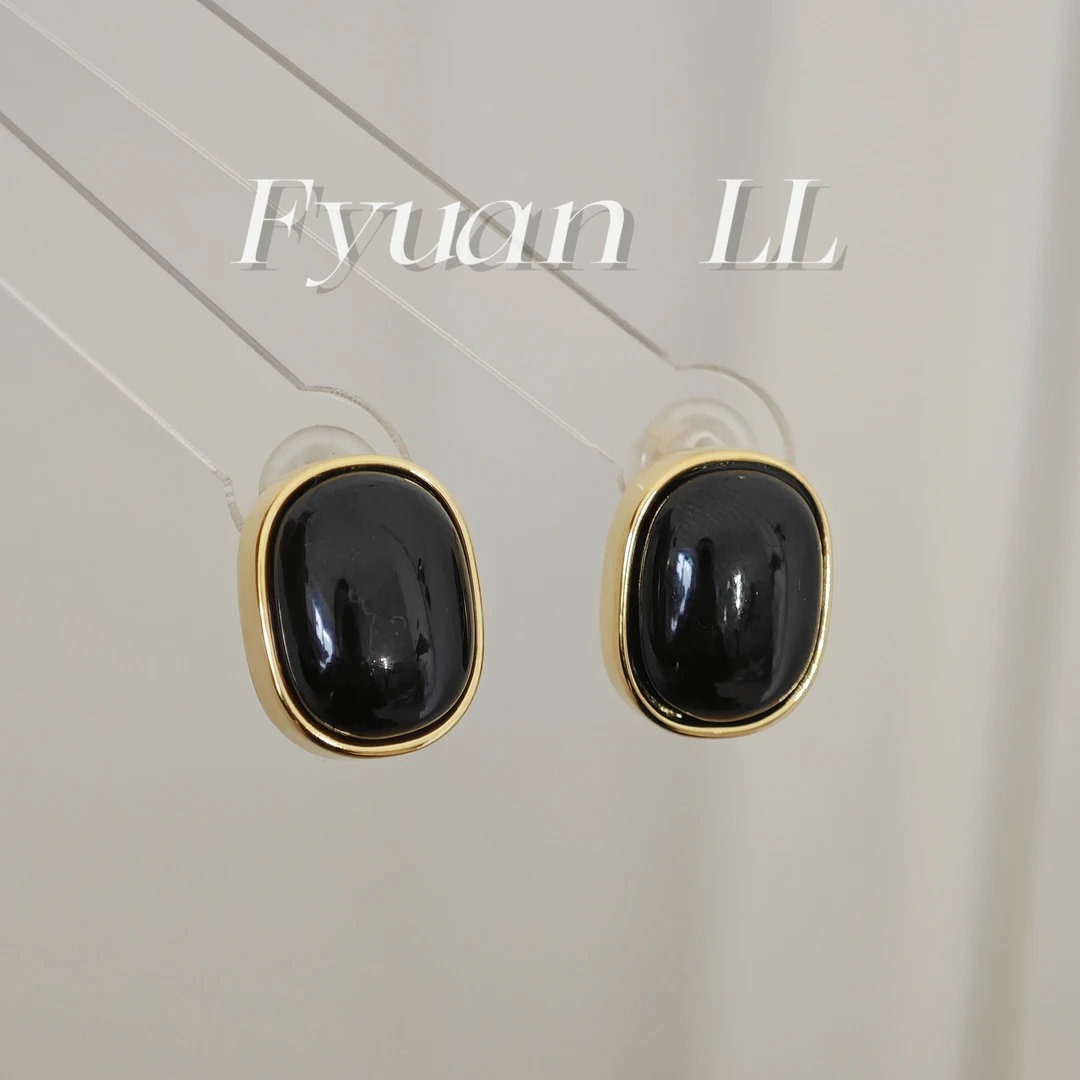 铜合金耳饰 [有耳夹]黑色复古大气爆款独特耳环港风中古方形耳钉