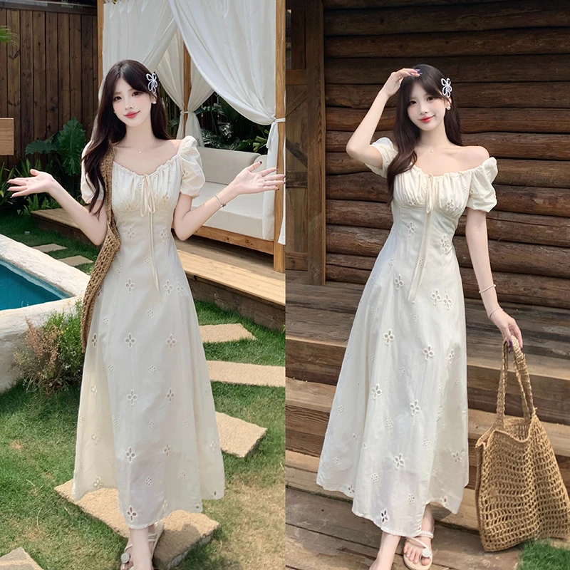 法式温柔风复古显瘦连衣长裙女白色高级感气质收腰长款连衣裙子