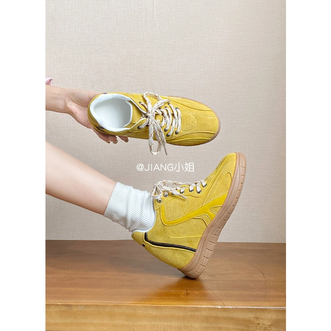 真皮版~9cm小个子内增高黄色德训鞋女秋季复古百搭厚底休闲阿甘鞋
