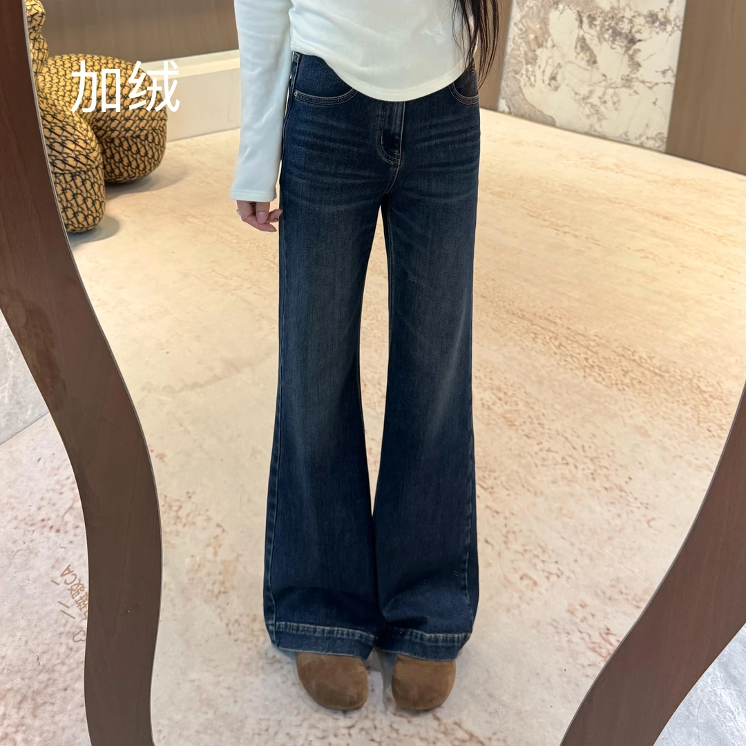 宿慕SUMU高腰加绒喇叭牛仔裤女9-28新款时尚显瘦牛仔长裤女32985