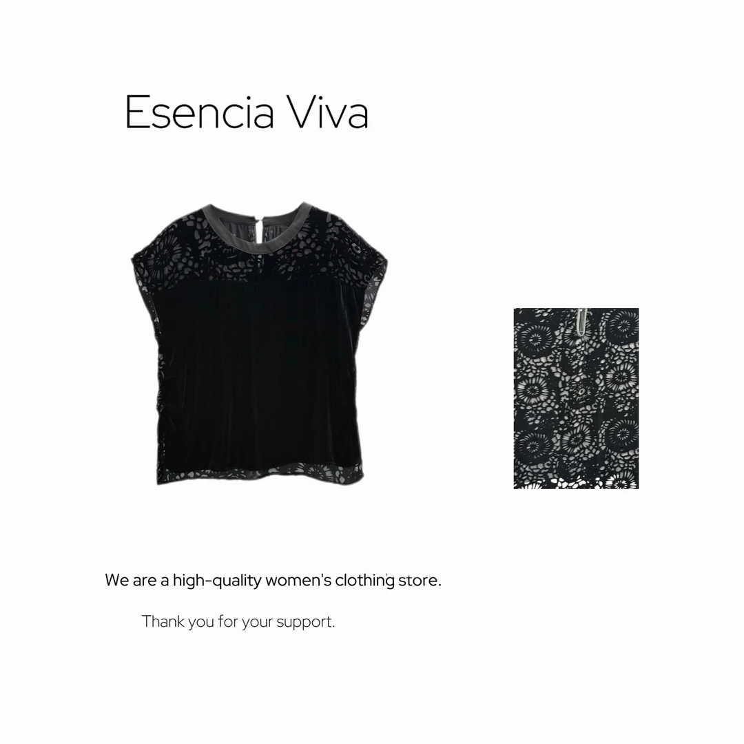 EV.【原创设计】100%桑蚕丝绒烧花拼接设计气质短袖T恤上衣EVZZ0658