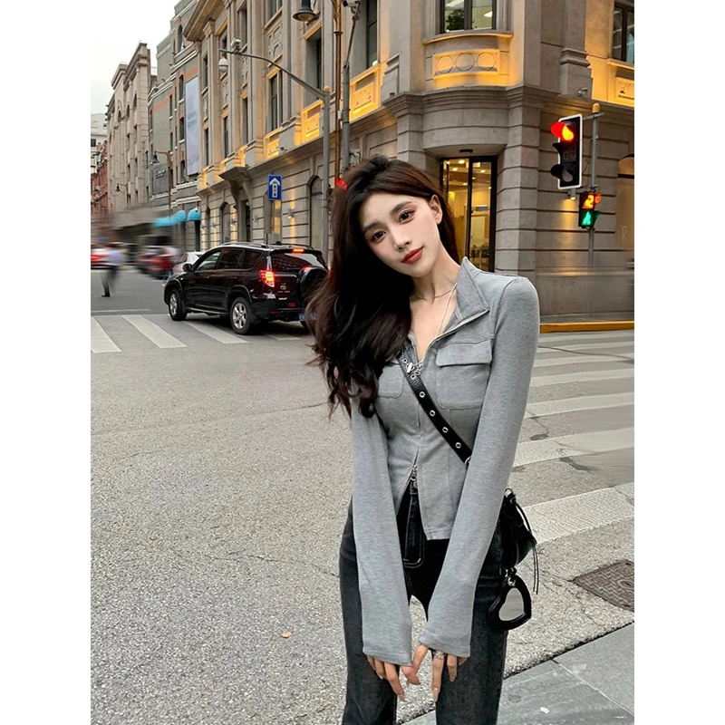 灰色辣妹POLO领拉链短外套女秋冬季新款气质修身显瘦长袖开衫上衣