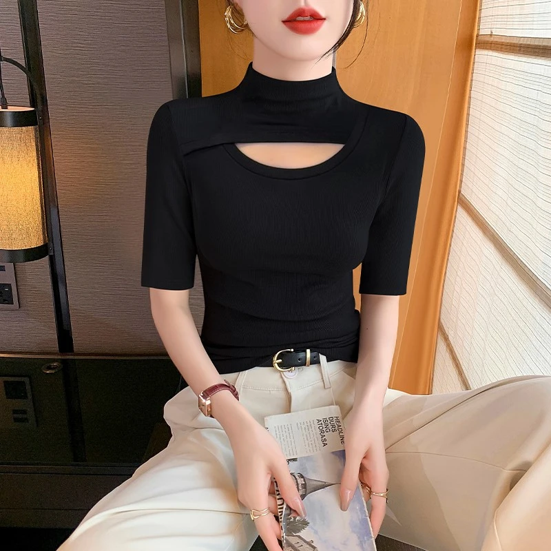 半高领黑色中袖打底衫女装秋季高级感内搭五分袖修身t恤镂空上衣