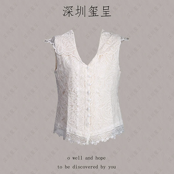 【玺呈25年春季新款】休闲风时尚设计感连帽蕾丝腰果花无袖上衣开衫