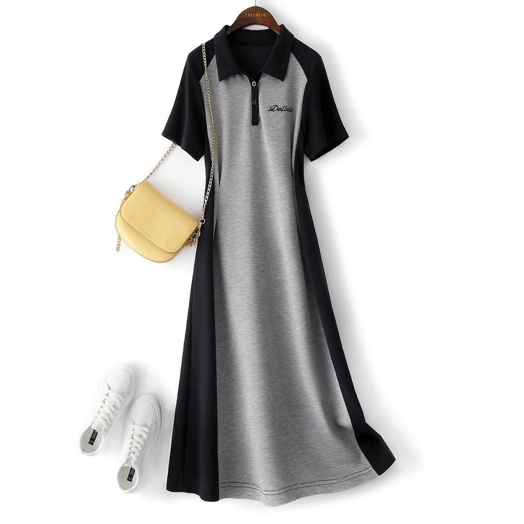 IHIMI常规通勤裙子女2023夏季新款简约休闲拼色中长款连衣裙8247