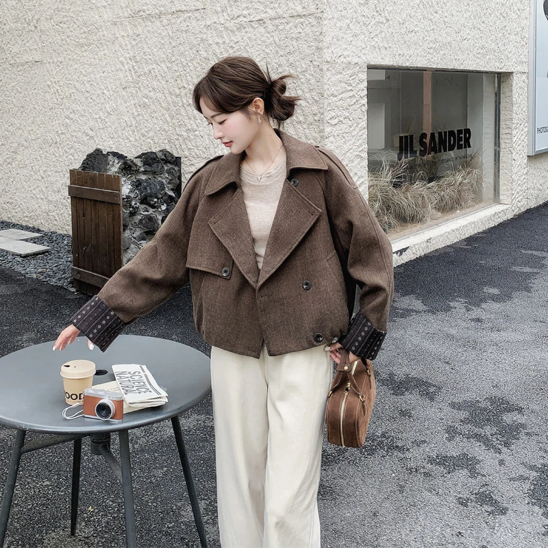 美拉德夹棉毛呢外套女2025冬季新款韩系极简风高智感短款呢子大衣