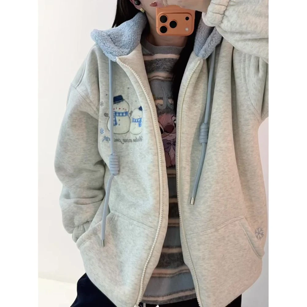 连帽卫衣女冬季加绒广州十三行纯色华棉慵懒风学生休闲设计感外套