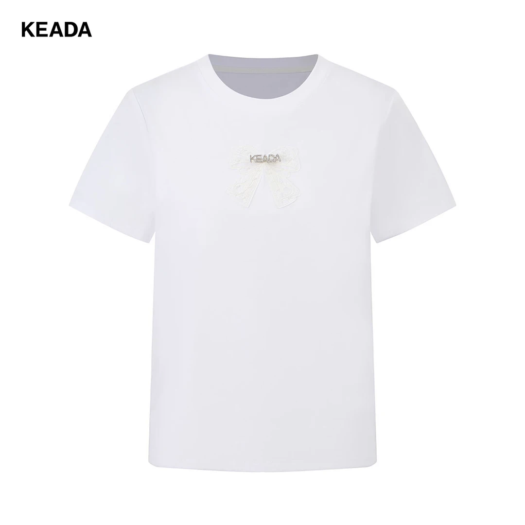 KEADA短袖蕾丝蝴蝶结水钻别针简约纯棉少女感T恤KSN3021815