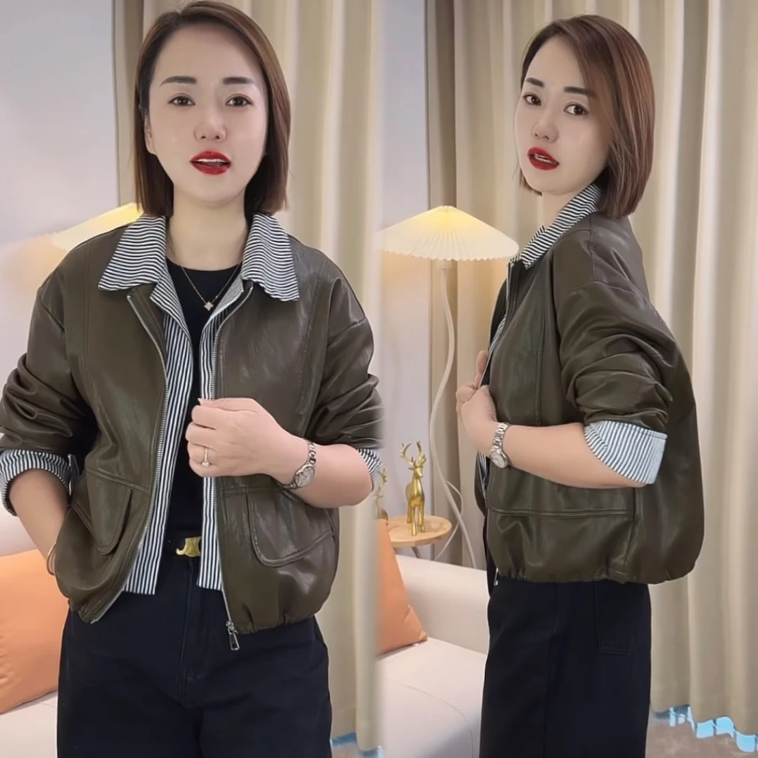 皮衣短外套女秋冬2025新款翻领条纹拼接休闲外套pu短款时尚夹克