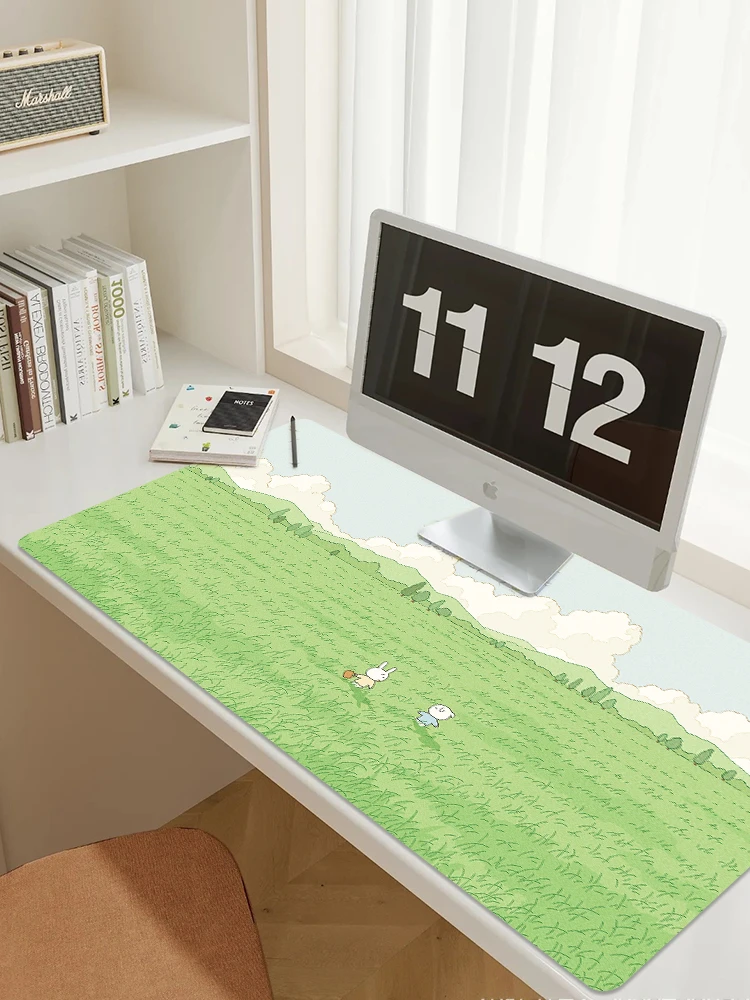 ins系韩国插画鼠标垫超大号女生工作桌垫绿色护眼护腕键盘垫家用