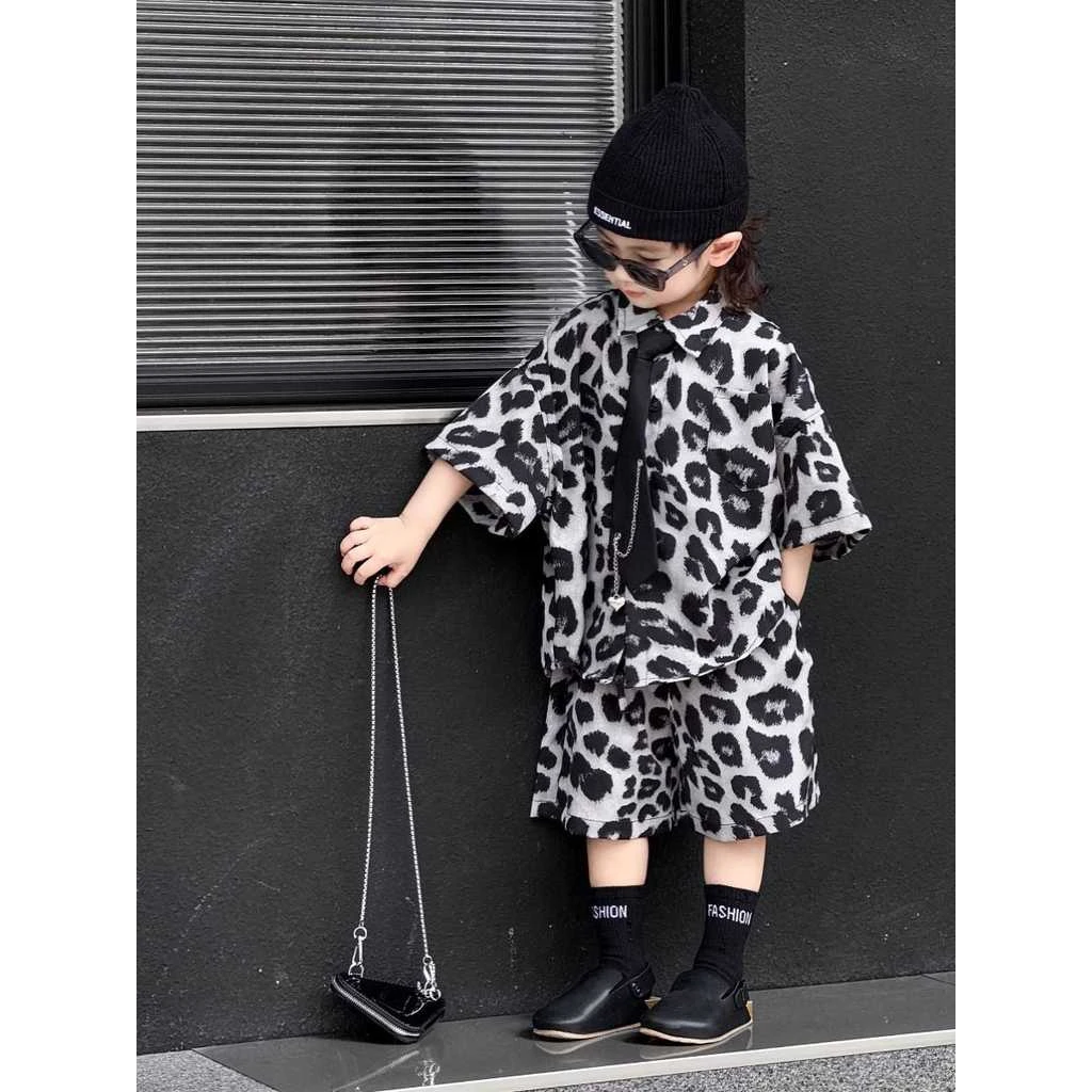 男童衬衫套装短袖夏装儿童夏季2025新款小童豹纹套装潮酷上衣衬衫