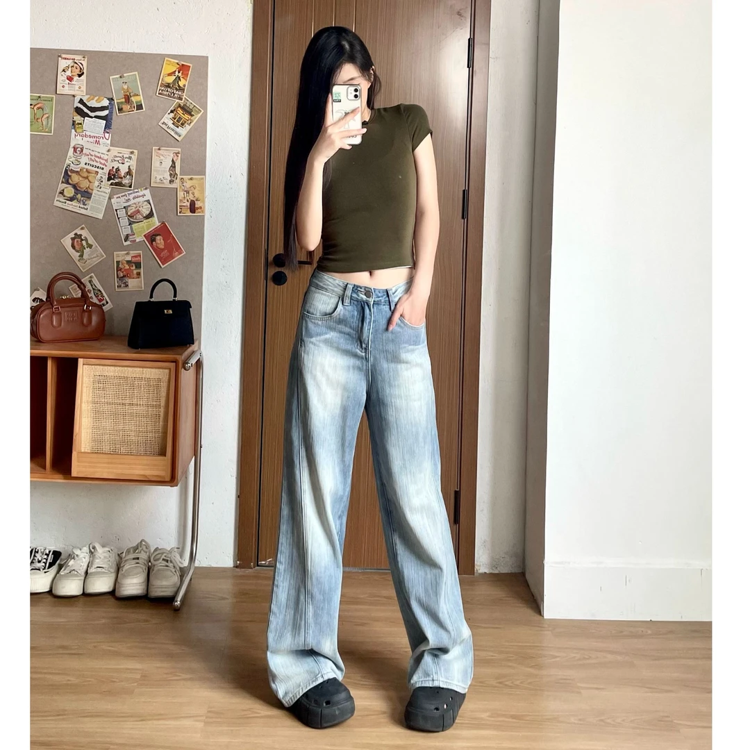 牛仔裤女款爆款2025新款夏季薄款浅蓝色牛仔裤宽松阔腿裤百搭裤子