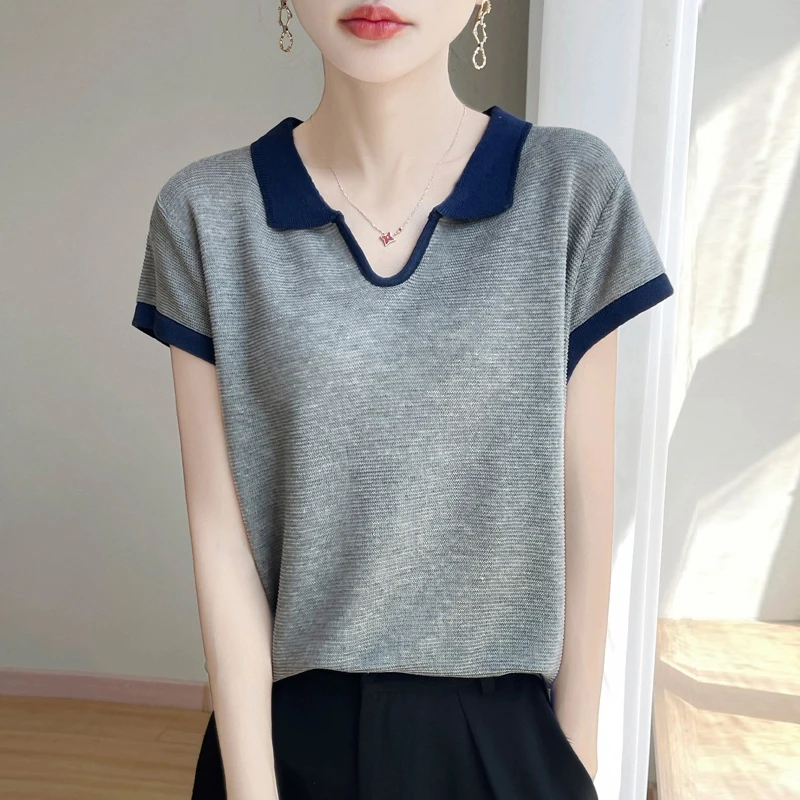 夏季薄款天丝亚麻POLO领拼色针织衫时尚百搭短袖上衣