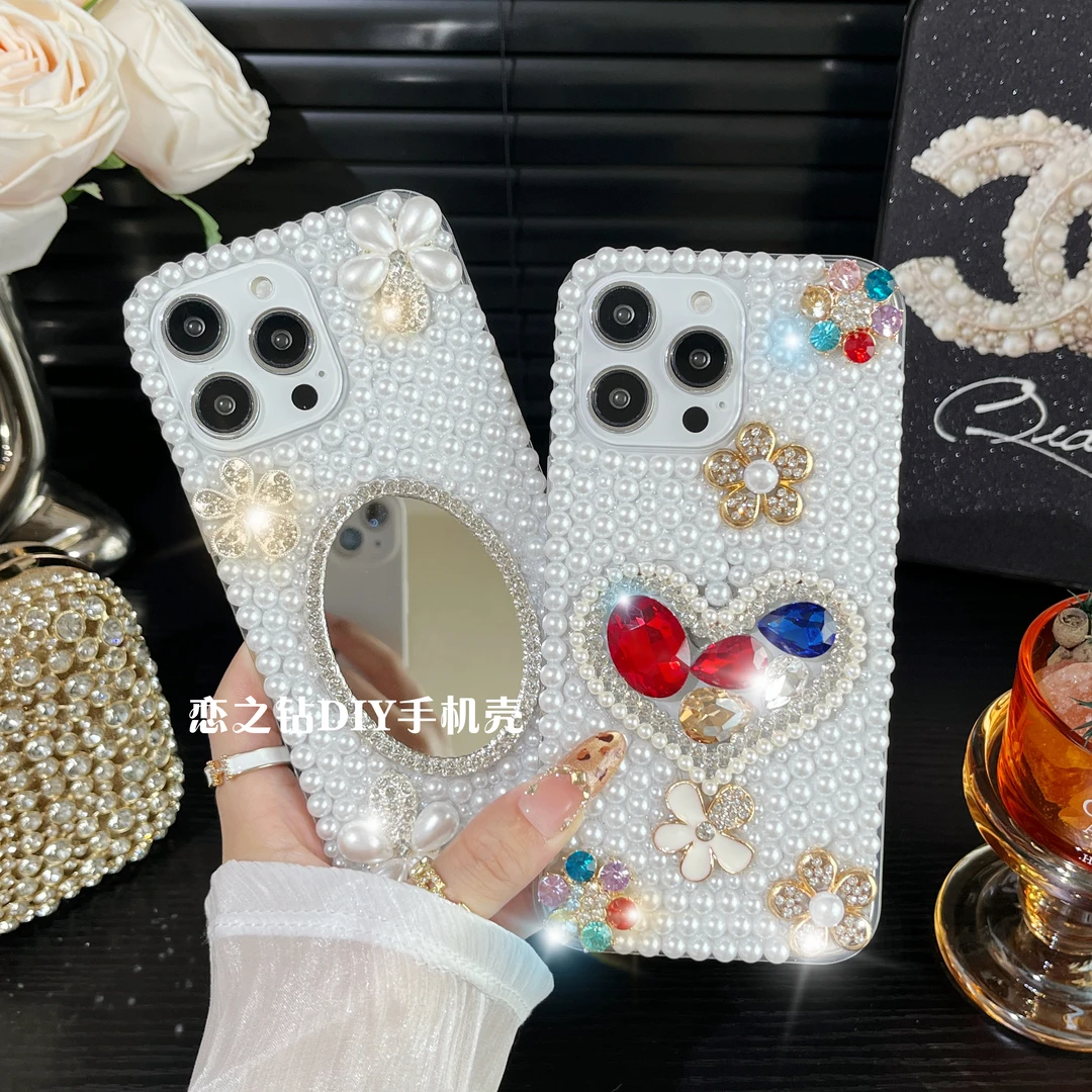适用苹果16/华为/oppo/vivo精致白珍珠系列手机壳满钻高级感防摔