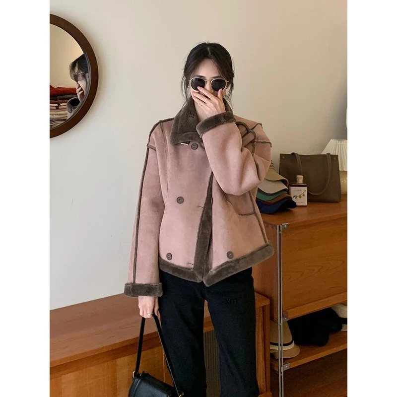 潮牌高端粉色皮毛一体外套女装冬季2025新款韩版加绒加厚机车服女