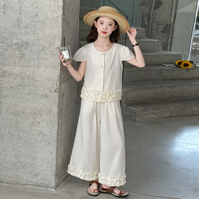 女孩套装后背提花木耳边新款时尚潮洋气两件套女童休闲夏季儿童